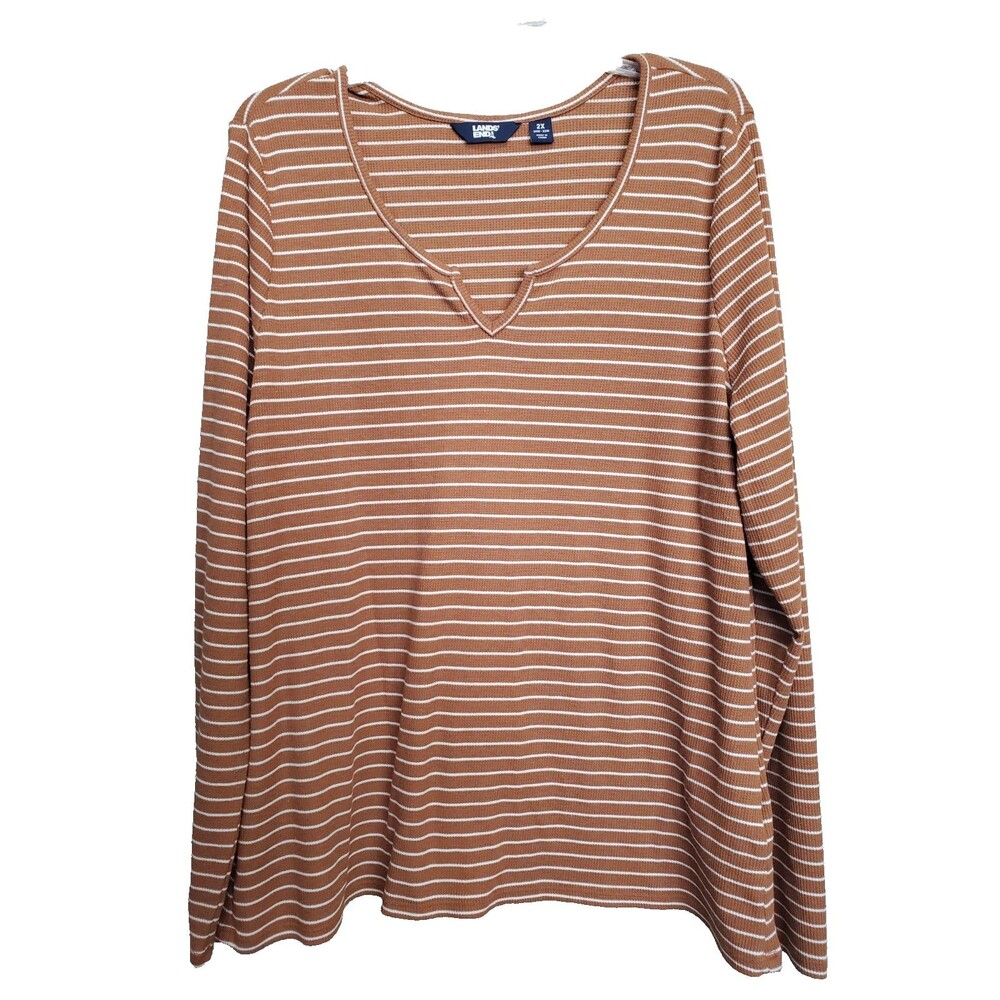 Lands' End Women's Brown Striped Waffle-Knit Split Neck Long Sleeve Top Size 2X